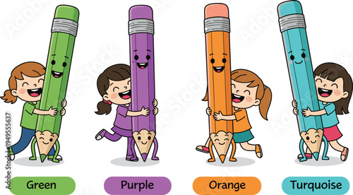 Cartoon children hugging smiling colorful pencils labeled by color — educational and playful illustration for kids learning materials