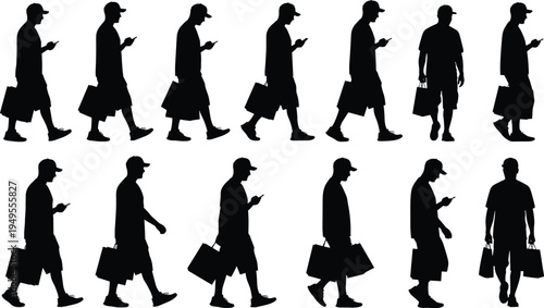 Man walking with shopping bags and smartphone silhouette set casual male shopper carrying bags using phone isolated vector collection