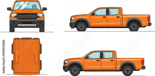 Orange pickup truck illustration showing front side and top views modern utility transport vehicle cargo transport automotive design