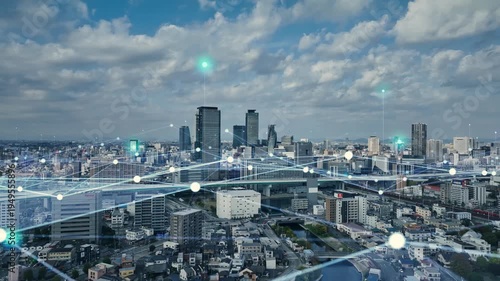 Conceptual image of urban drone aerial view and communication network