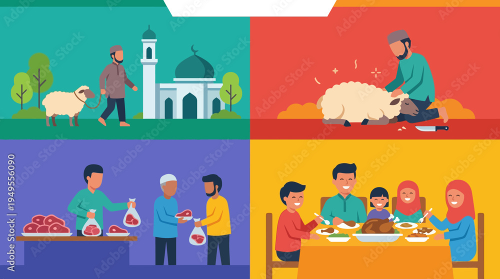 Obraz premium People celebrate Eid al-Adha with food, family, and sacrifice in a cultural setting outdoors
