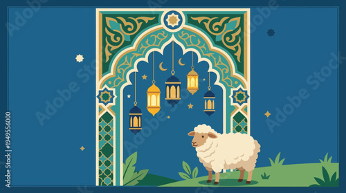 A sheep stands before a decorated archway with lanterns on a green lawn at night.