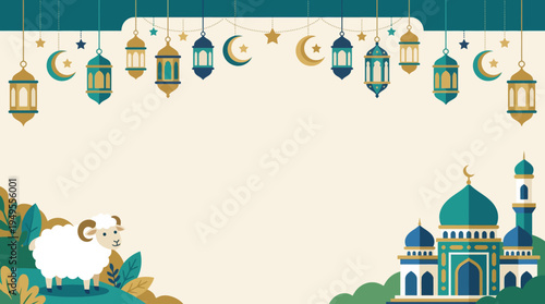 Eid celebrations with lanterns hanging above a mosque and a sheep