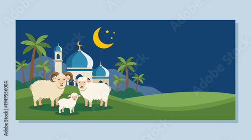 Sheep stand near a mosque under a crescent moon in a green landscape with palm trees