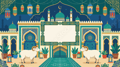 Eid celebration scene with goats standing in front of a decorated mosque at night