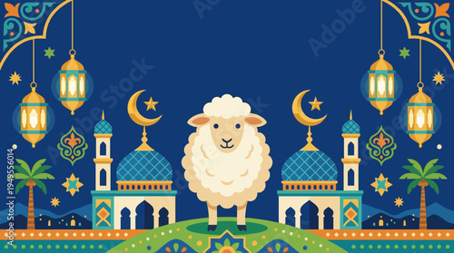 A sheep stands before colorful mosques under a starry night sky with lanterns.