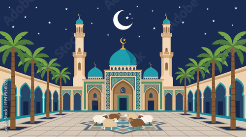 People gather outside a mosque with palm trees at night under the crescent moon
