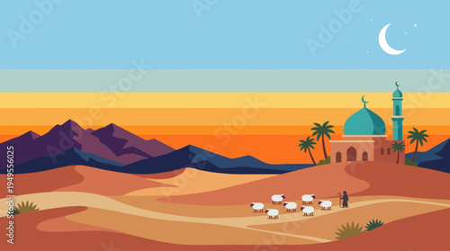 A serene desert landscape with a mosque and sheep under a crescent moon at sunset.