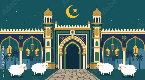 Sheep stand before a mosque gate at night with a crescent moon