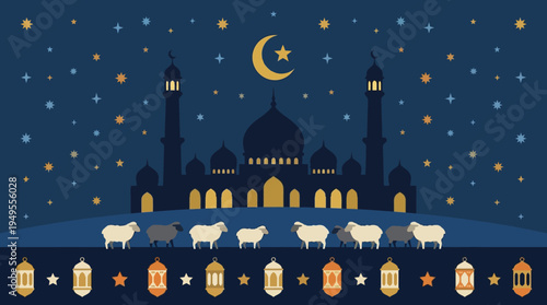 A serene nighttime scene of a mosque with sheep and lanterns under a starry sky.