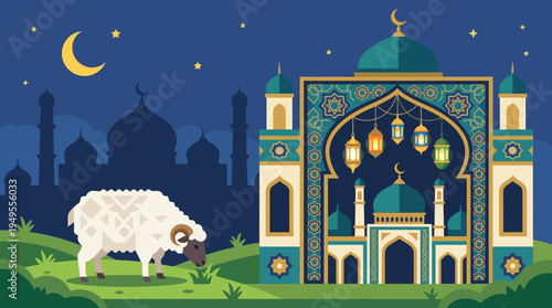 A serene nighttime scene of a sheep grazing near a majestic mosque under a crescent moon.