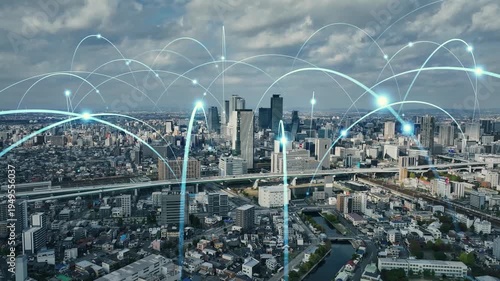 Conceptual image of urban drone aerial view and communication network