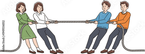 People playing tug of war teamwork competition concept, men and women pulling rope game cartoon vector illustration