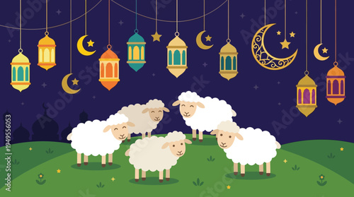 Five cartoon sheep on a green hill under a starry night sky with hanging Islamic lanterns and crescent moons, celebrating Eid al-Adha.