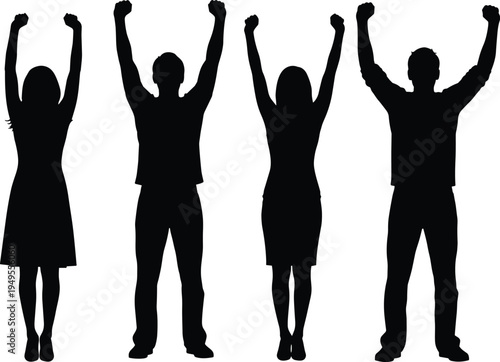 People raising hands silhouettes celebration success victory gesture men and women standing isolated on white background achievement concept