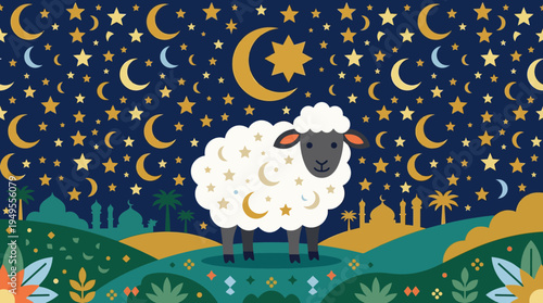 Illustrative depiction of a white sheep under a starry and moonlit night sky, with mosques and a festive landscape, symbolizing an Islamic celebration.