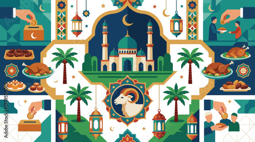 Vibrant illustration depicting Islamic traditions and celebrations, featuring a mosque, palm trees, lanterns, charity, food, and a ram, symbolizing Eid al-Adha.