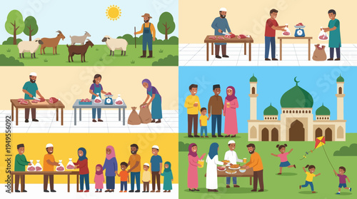 Illustrations depicting various scenes of Eid al-Adha celebrations, including animal sacrifice, meat distribution to families, mosque gatherings, and children playing.