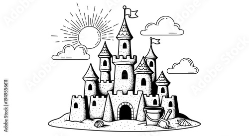 Detailed line art illustration of a sandcastle with sun and clouds, isolated white background.