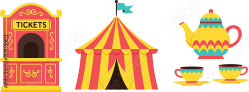 Cartoon circus and tea set illustration featuring ticket booth, striped tent, and ornate teapot for festive design use