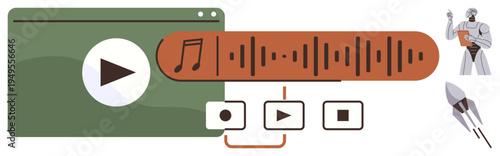 Audio editing, digital media, video production, technology, futuristic user interface, content creation. Media player window, waveform playback buttons robot and rocket. Audio editing and digital