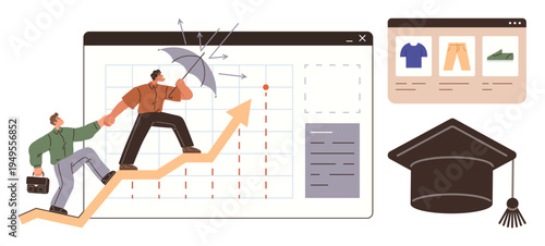 Business development, financial strategy, education solutions, e-commerce analytics, teamwork, and goal achievement. People ascending a graph, protecting against risks. Business development