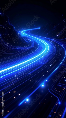 Dynamic Blue Light Trails on a Dark Background Representing Data Flow and Technology.