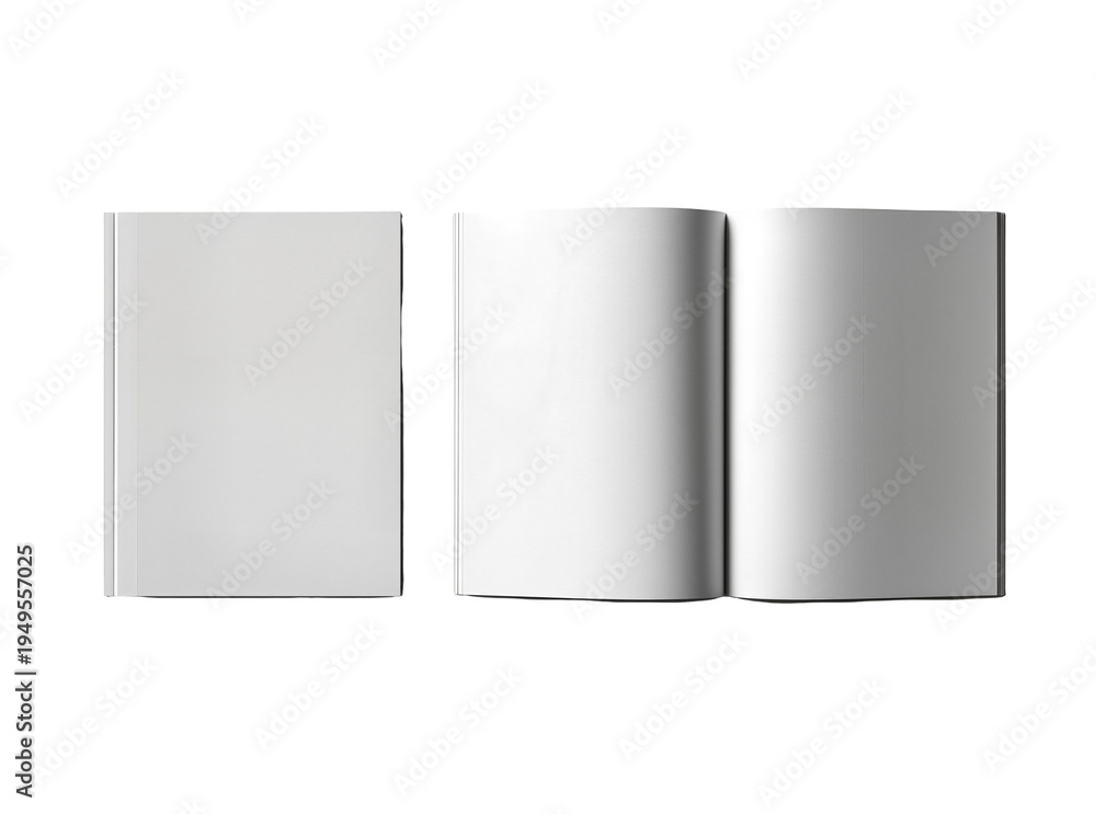 Fototapeta premium Blank softcover book mockup, a closed standing magazine and two open brochures with empty pages, isolated on transparent background for design presentation