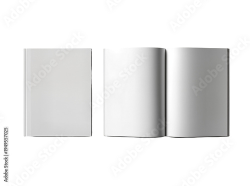 Blank softcover book mockup, a closed standing magazine and two open brochures with empty pages, isolated on transparent background for design presentation