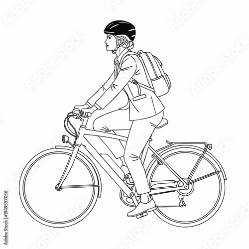 Stylish woman in business attire cycling on a city bike with helmet and backpack, promoting sustainable urban commute. Black and white line art illustration.