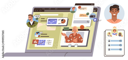 Business communication, remote work, digital networking, team collaboration, online tools, video chats. Laptop screen with video calls, charts and user profiles. Remote work and digital networking