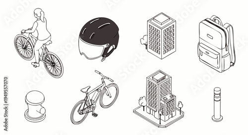 Isometric line art illustrations of urban life and city elements. Woman on bike, helmet, backpack, modern buildings, and street bollards. Design assets.