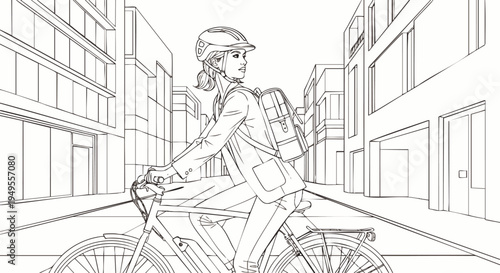 Confident young woman cycling through a bustling city street, embracing a healthy and eco-friendly urban lifestyle. Line art illustration for active commuting.