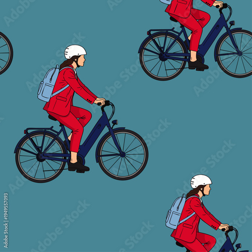 Seamless pattern of a stylish woman in a red suit riding an electric bicycle, promoting urban sustainable commuting and eco-friendly transport.