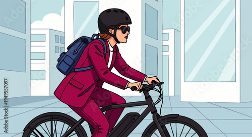 Professional businesswoman commuting on an electric bicycle in a vibrant city, showcasing sustainable urban mobility and a modern, active lifestyle.