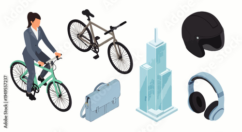 Isometric set of business and lifestyle elements: woman on bicycle, skyscraper, briefcase, helmet, headphones