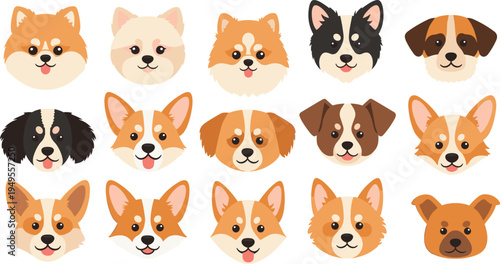 Cartoon dog face illustration set, diverse breed expressions, pet character clipart, animal icon pack, playful vector design
