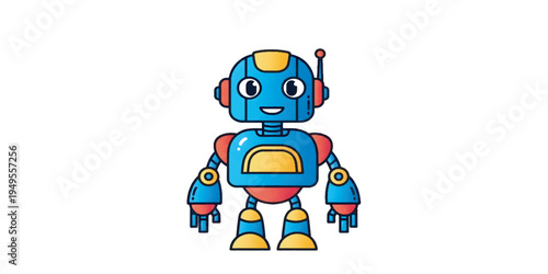 Colorful cartoon robot with headphones on.