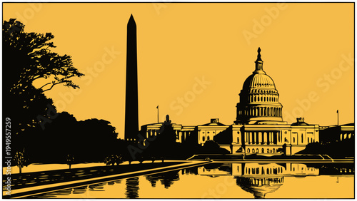 Monochrome Silhouette of National Government Buildings and Tall Obelisk Reflected in Calm Waterway Scene washington dc skyline