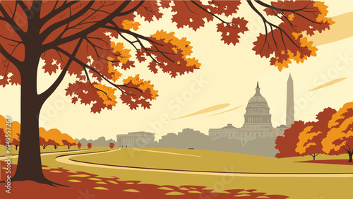 Autumn Landscape View of Government Capitol Building Dome and Monument with Orange Foliage and Park Pathway washington dc skyline