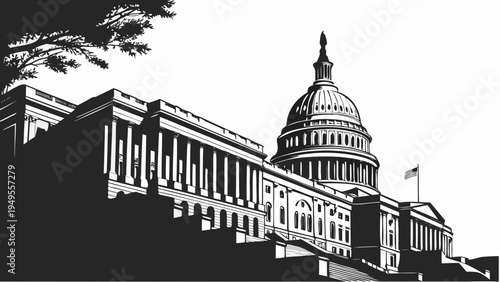 Monochrome Architectural View of a Prominent Legislative Building with Classical Columns and Central Dome Structure washington dc skyline