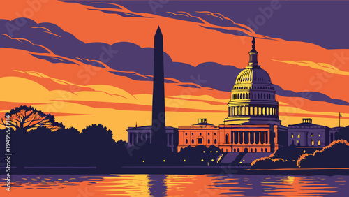 Government Capitol Building and Tall Monument Silhouetted Against Vibrant Sunset Over Water Reflection washington dc skyline