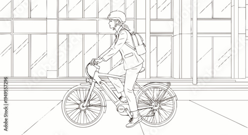 Outline illustration of a young woman riding an electric bicycle in a modern city. Urban commuter with helmet and backpack, promoting eco-friendly transport.