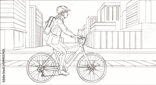 Urban commuter cycling on an electric bicycle through a modern city street, line art illustration depicting sustainable transport and active lifestyle.