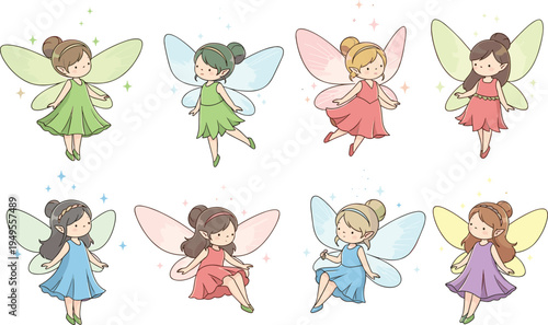 Cartoon fairy characters, pastel dresses, fantasy wings, whimsical style, pointed ears, magical sparkle, children’s illustration, colorful fairies, fantasy art, cute design