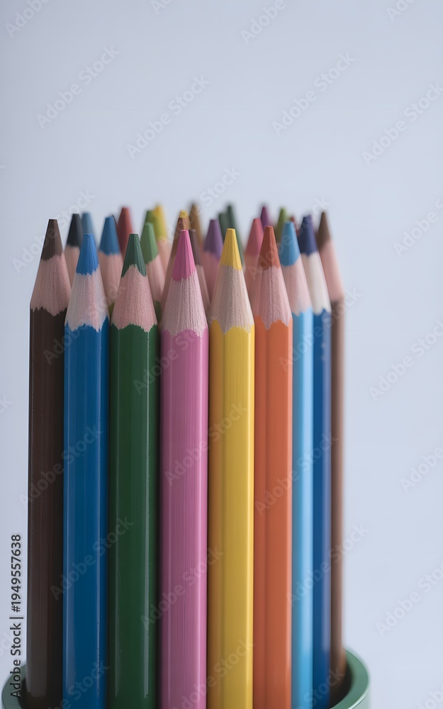 Naklejka premium Vibrant collection of sharpened colored pencils stands upright in a green container against a light backdrop