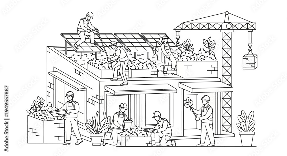 Obraz premium Sustainable Green Building Construction with Solar Panels and Rooftop Garden Line Art Illustration