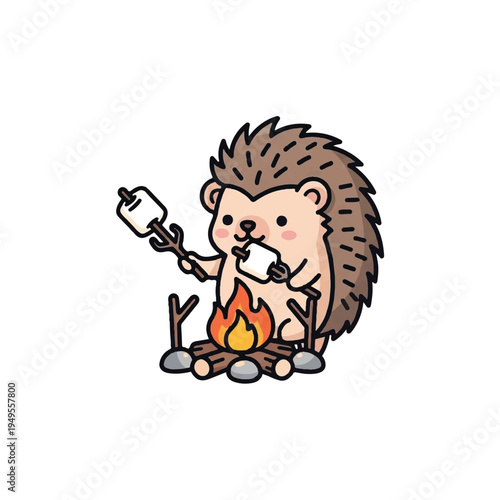 A cartoon hedgehog roasting a marshmallow over a campfire with a stick, surrounded by rocks and branches on a white background. Perfect for children's books, camping advertisements, and