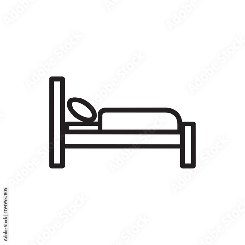 A minimalist black line icon of a bed with a pillow and blanket isolated on a white background
