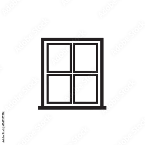 A simple black and white vector icon of a classic four-pane window with a sill, isolated on a white background for architecture and design